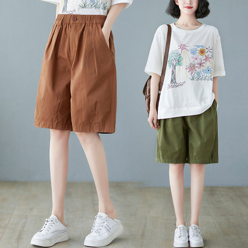 SUMMER DRESS RETRO TWILL COTTON SLACKS WOMENS ELASTICATED WAIST SLIM STRAIGHT PANTS LOOSE AND VERSATILE CROPPED PANTS MEDIUM PANTS