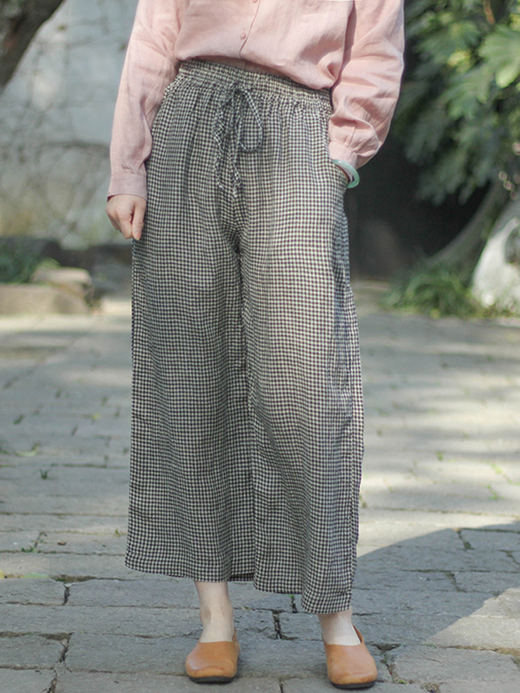 SUMMER NEW VINTAGE LINEN HIGH-WAISTED PLAID WIDE-LEG PANTS WOMENS LOOSE AND THIN VERSATILE LIGHT CROPPED PANTS SLACKS