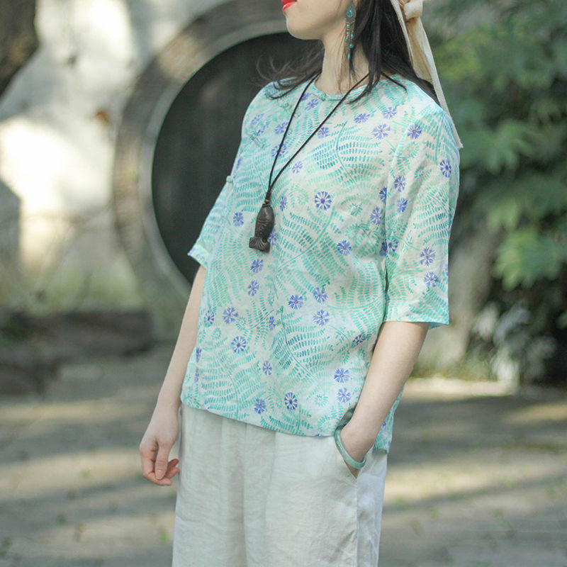 SUMMER 2023 NEW CHINESE STYLE DIAGONAL BUCKLE T-SHIRT WOMENS LIGHT CASUAL PULLOVER LOOSE PRINT TOP