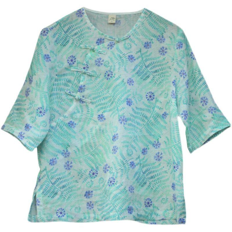 SUMMER 2023 NEW CHINESE STYLE DIAGONAL BUCKLE T-SHIRT WOMENS LIGHT CASUAL PULLOVER LOOSE PRINT TOP