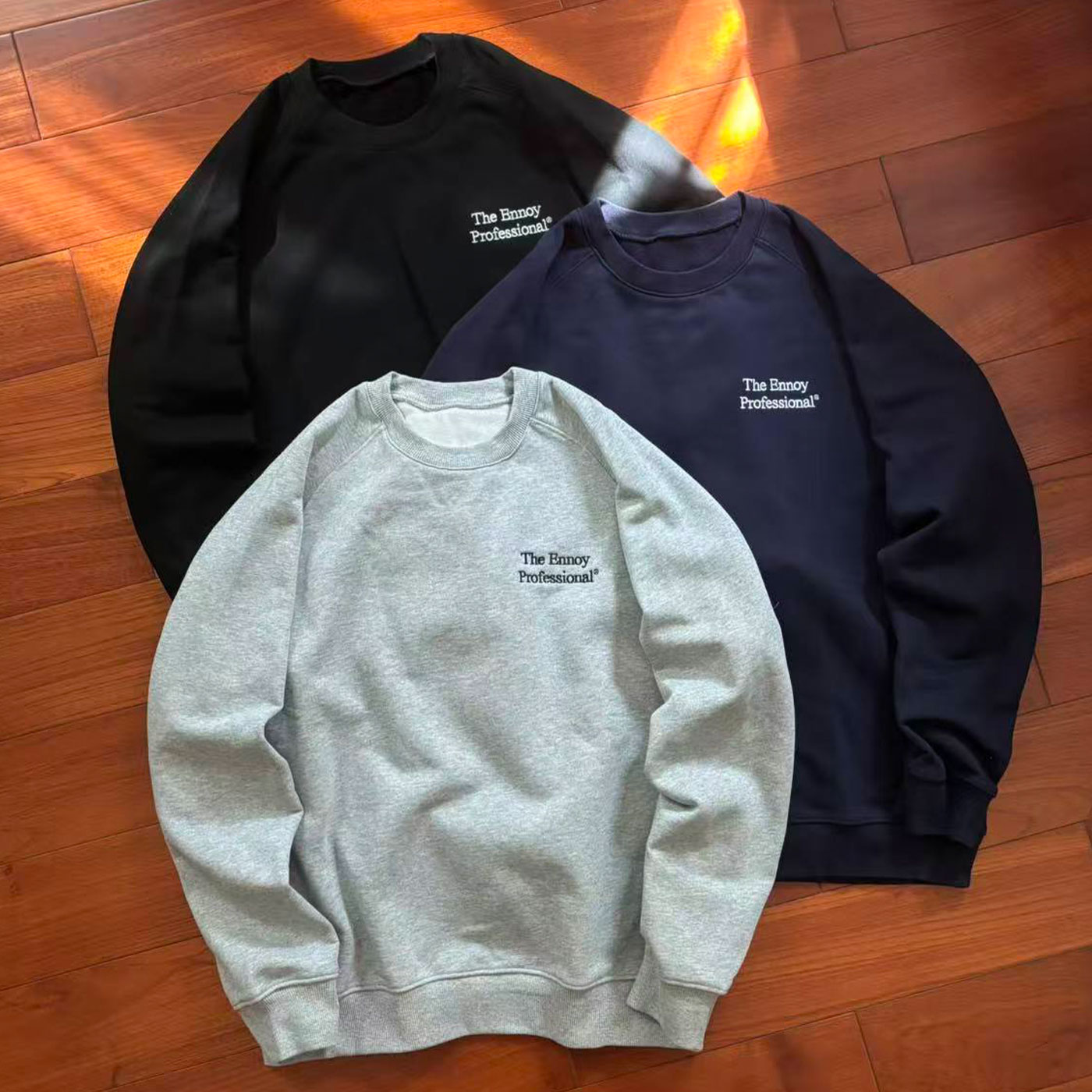 ennoy日系复古圆领卫衣男女宽松纯色重磅长袖秋冬加厚保暖上衣