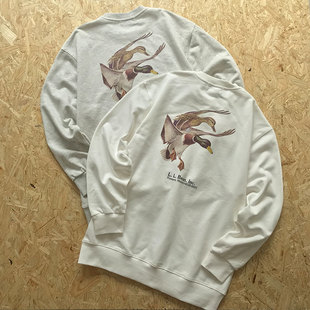 LL Bean秋冬季日系复古重磅圆领卫衣宽松后背印花套头上衣长袖