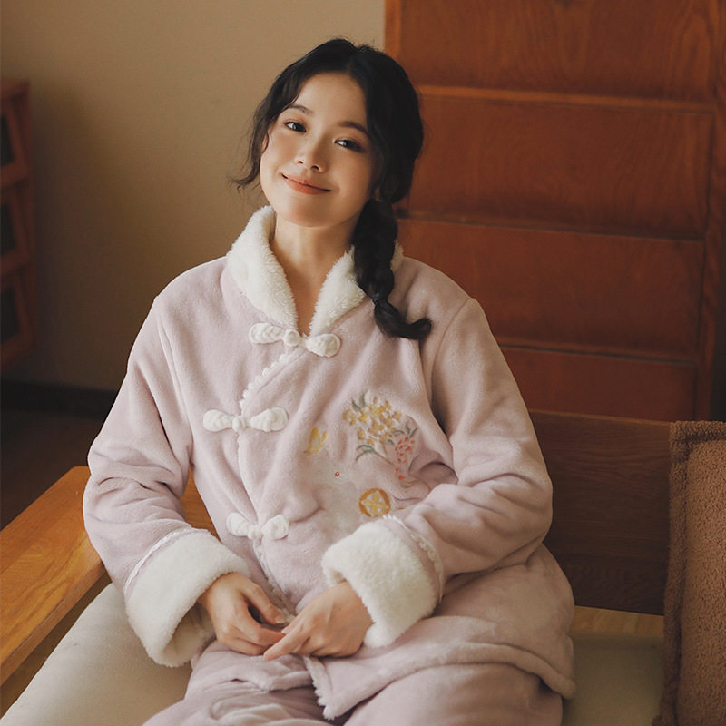 2025法兰绒睡衣女款秋冬季国风汉服加厚珊瑚绒国风家居服套装冬