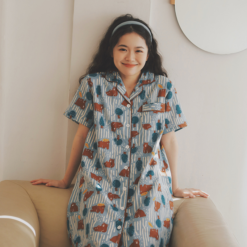 纯棉柔软夏季短袖睡裙全棉双层纱布清凉可爱睡衣女士开衫家居服