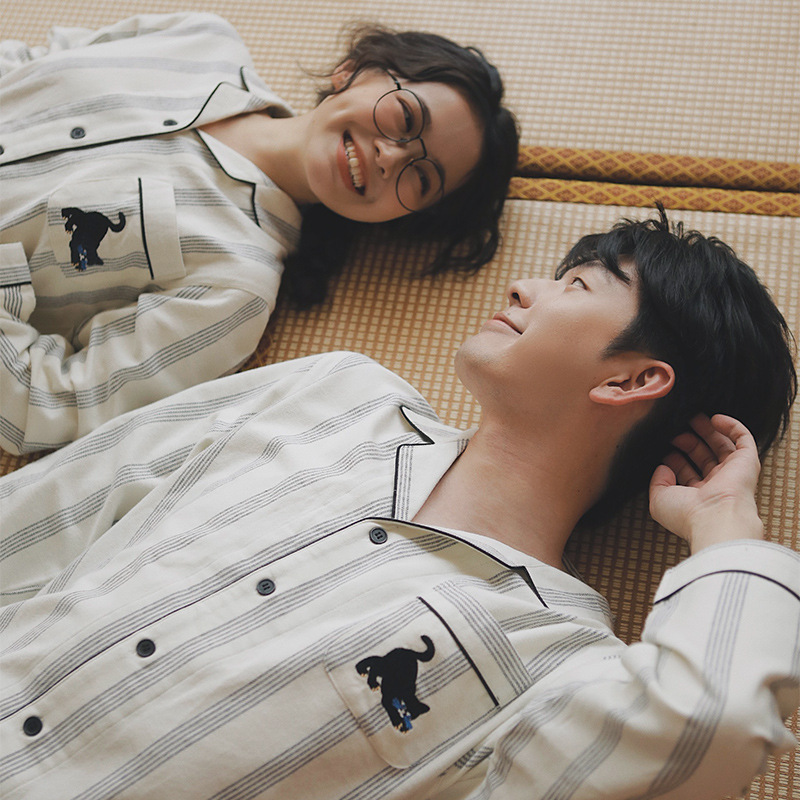 八月格桑情侣睡衣女春秋季刺绣全棉磨毛家居服纯棉绒布套装冬