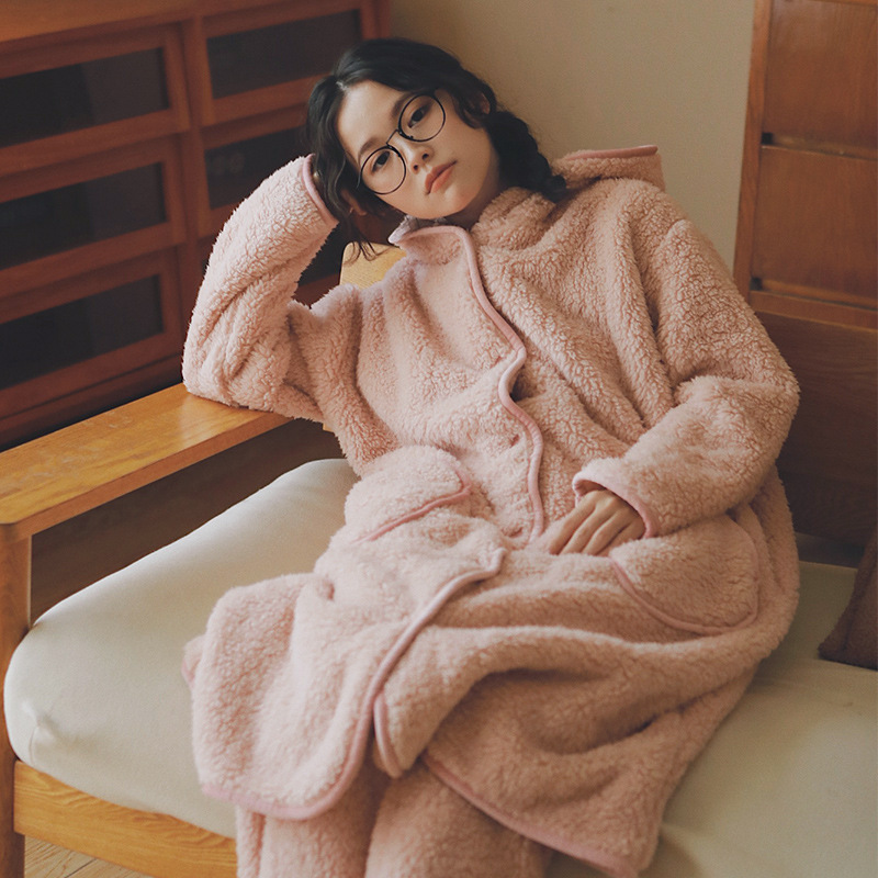 日系新款珊瑚绒睡袍女款秋冬季长款大码浴袍加厚连帽睡衣法兰绒冬