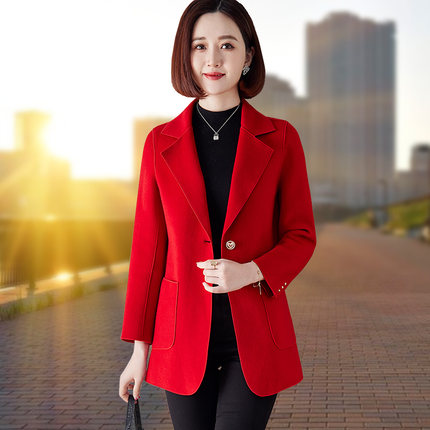 红色双面羊绒大衣女中长款西装领2024年新款羊毛呢中年妈妈外套冬