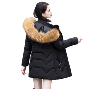 白鸭绒黑色羽绒服女中款2023年新款大码冬季韩版大毛领中长款外套