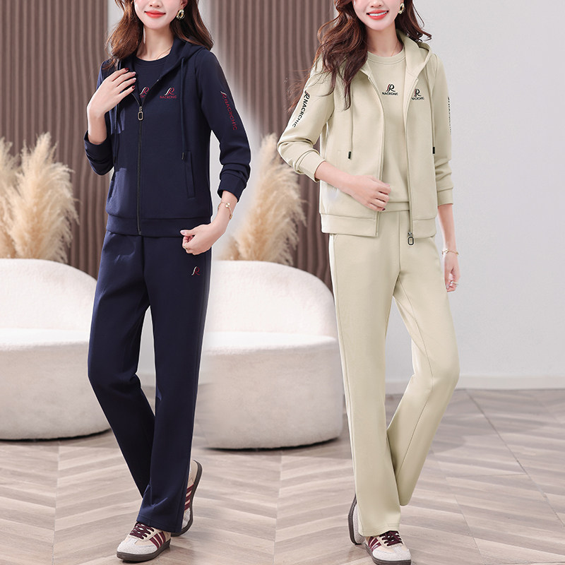 连帽运动套装女士2026新款春秋新款韩版宽松休闲服卫衣长裤三件套