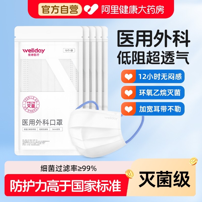 维德医疗医用外科口罩低呼吸阻力一次性无菌夏轻薄透气不勒耳独立