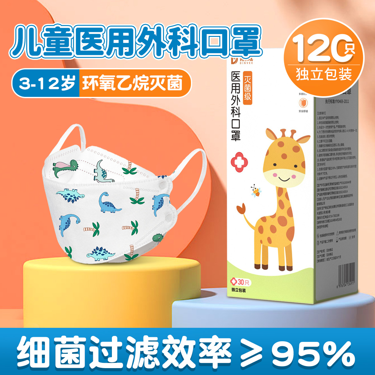 120只儿童医用外科口罩独立装