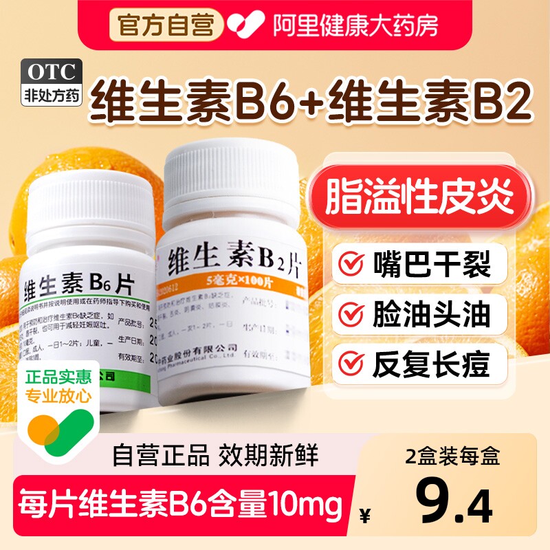维生素B6片B2片100片脂溢性皮炎维生素b族口腔溃疡嘴巴干裂vb6