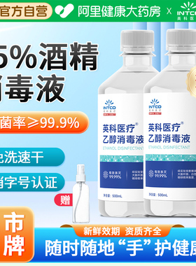 英科医疗75%度酒精消毒液喷雾医用大瓶家用免洗环境清洁杀菌500ml