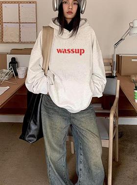 WASSUP潮牌卫衣女春秋款2024新款重磅纯棉宽松秋冬灰色连帽情侣装