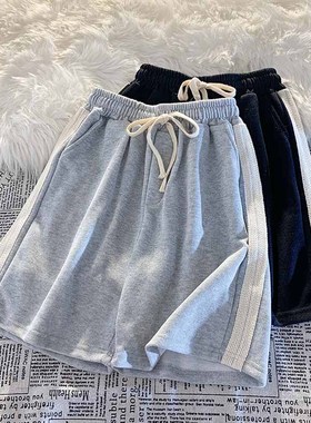 纯棉运动短裤女夏薄款阔腿宽松高腰休闲外穿中学生五分裤灰色睡裤