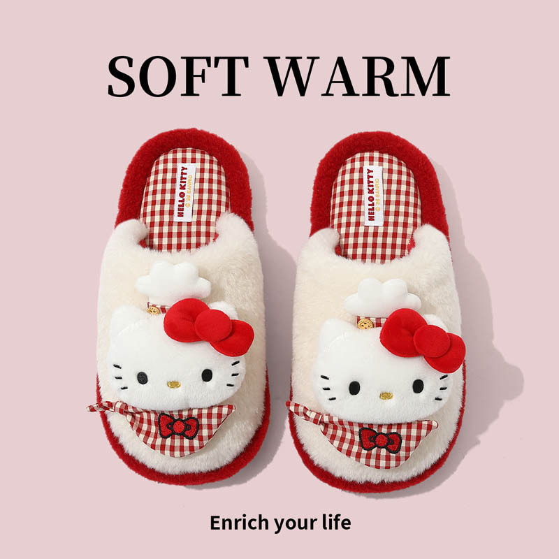 三丽鸥HelloKitty棉拖鞋女秋冬居家室内防滑保暖可爱毛毛拖鞋冬