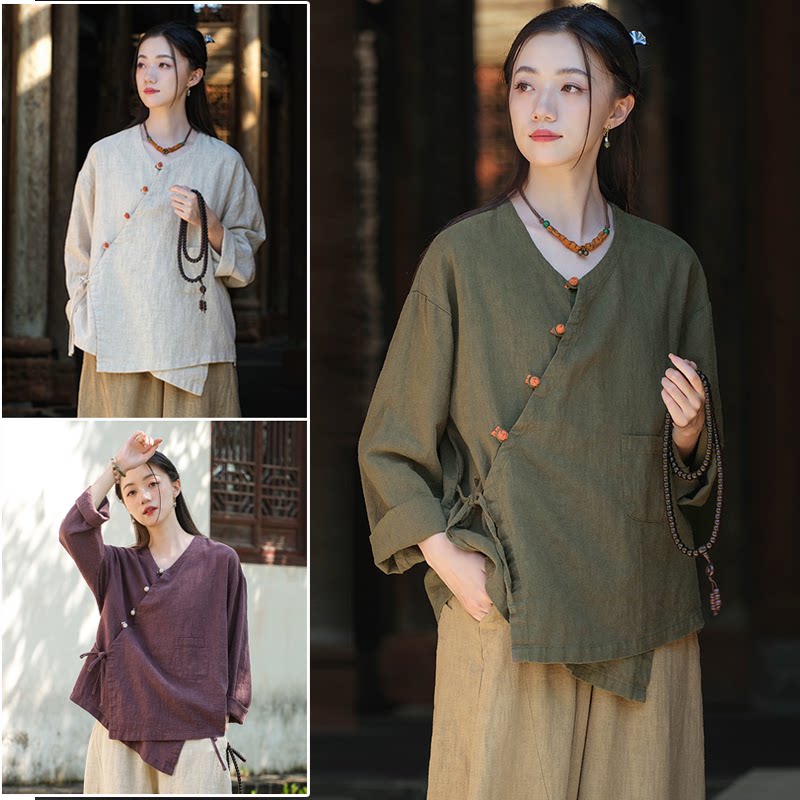 中国风佛系禅服女高端棉麻素衣茶服外套新中式寺院拜佛居士服女款