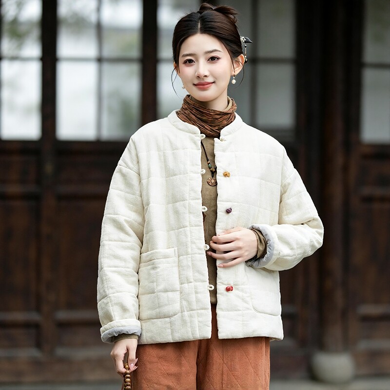 2026冬季新款复古国风立领麻棉服女盘扣方格夹棉短款棉衣外套百搭