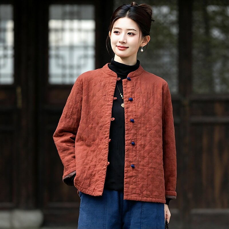 26冬新款国风文艺复古立领盘扣棉衣女新中式苎麻夹棉加厚短款外套