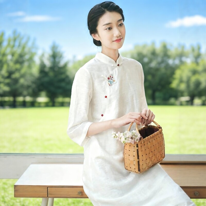 夏季新中式禅意女装汉服改良旗袍裙白色立领中式茶人服宽松连衣裙
