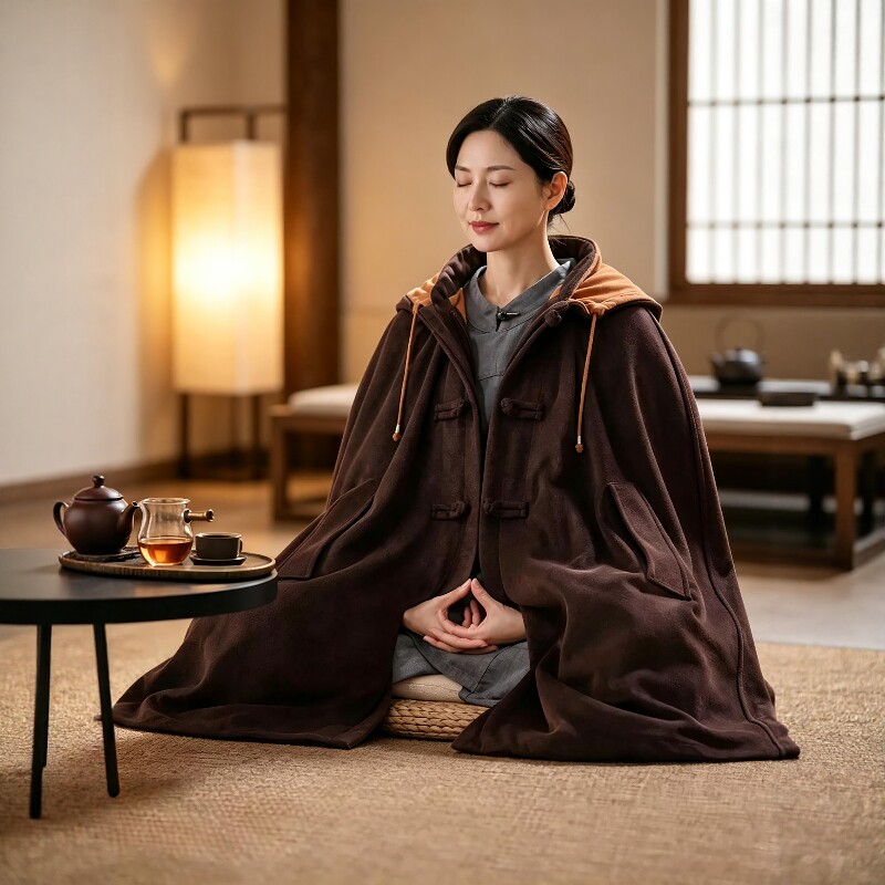 冬季禅修斗篷加厚双层毛绒连帽打坐披风男女同款居士服僧服大衣