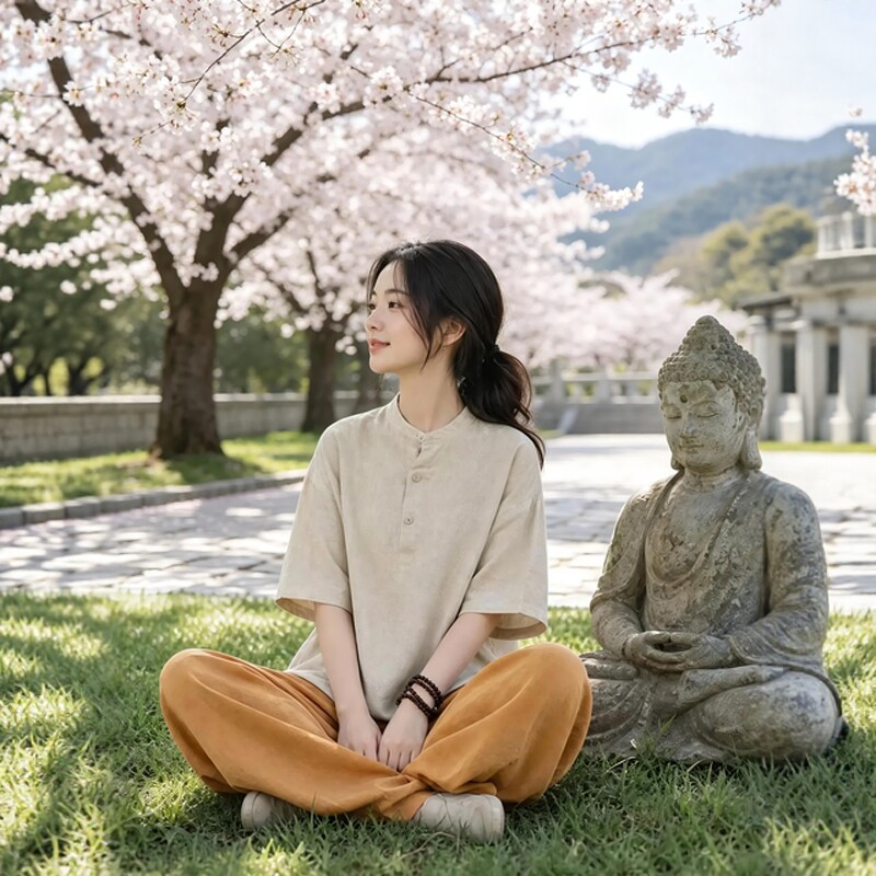 夏季高级禅意风新中式棉麻套装女短袖宽松圆领禅修居士服女款上衣