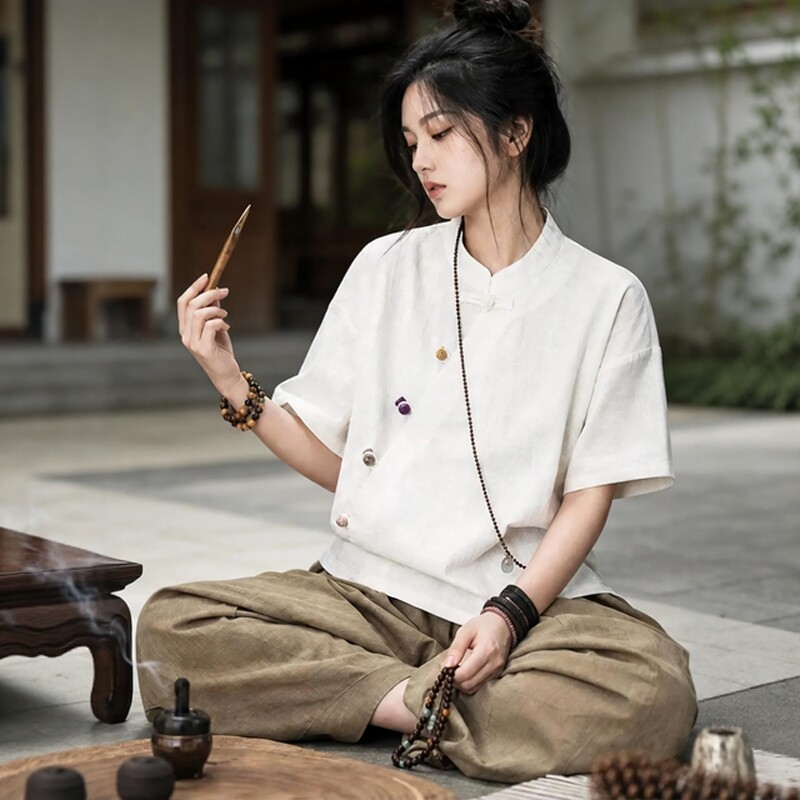 夏季新中式复古盘扣斜襟棉麻短袖衬衫女新款高端禅意国风禅修服女