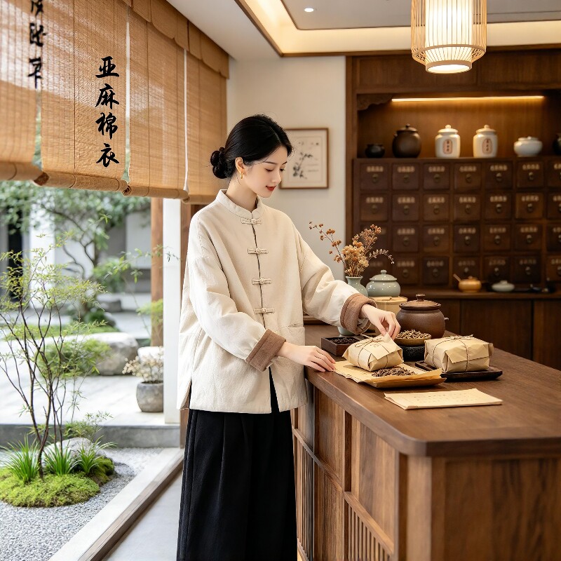 冬季中医馆工作服棉衣女款夹棉加厚新中式亚麻棉袄养生师服装外套
