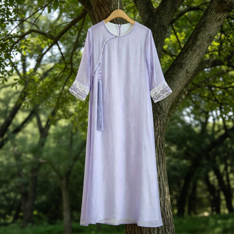 夏季新中式禅意连衣裙女汉服改良紫色日常宽松茶服长裙显瘦气质裙