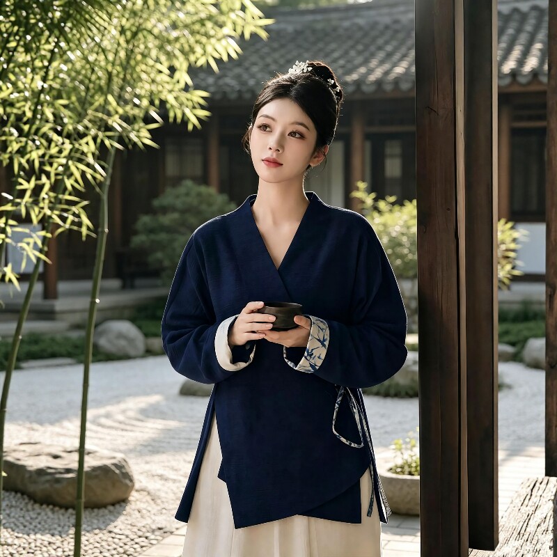 新中式禅意佛系高端女装茶服春秋国风棉麻交领汉服上衣居士禅修服