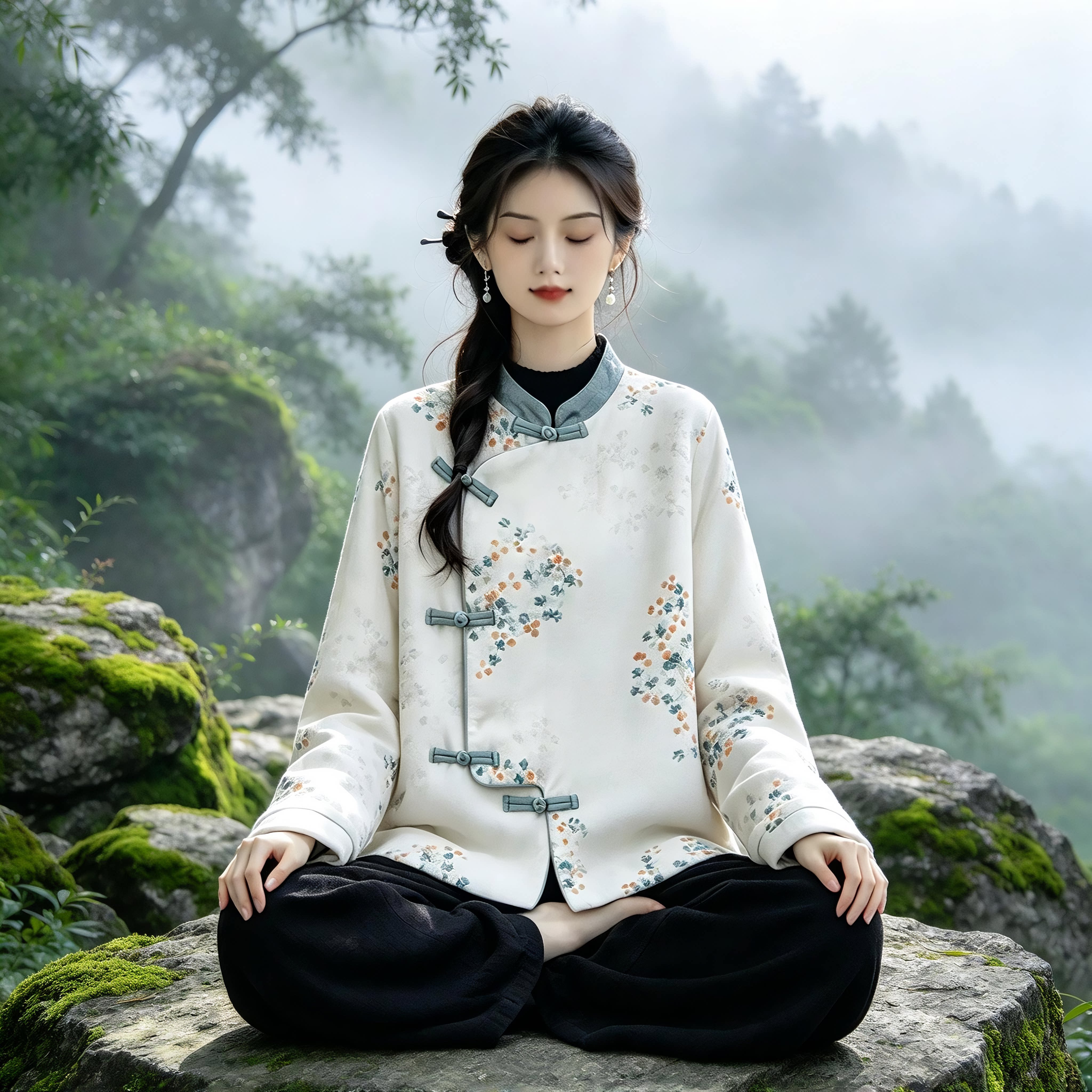 秋冬国风居士服女款新中式禅意立领盘扣碎花棉服保暖棉衣禅服外套