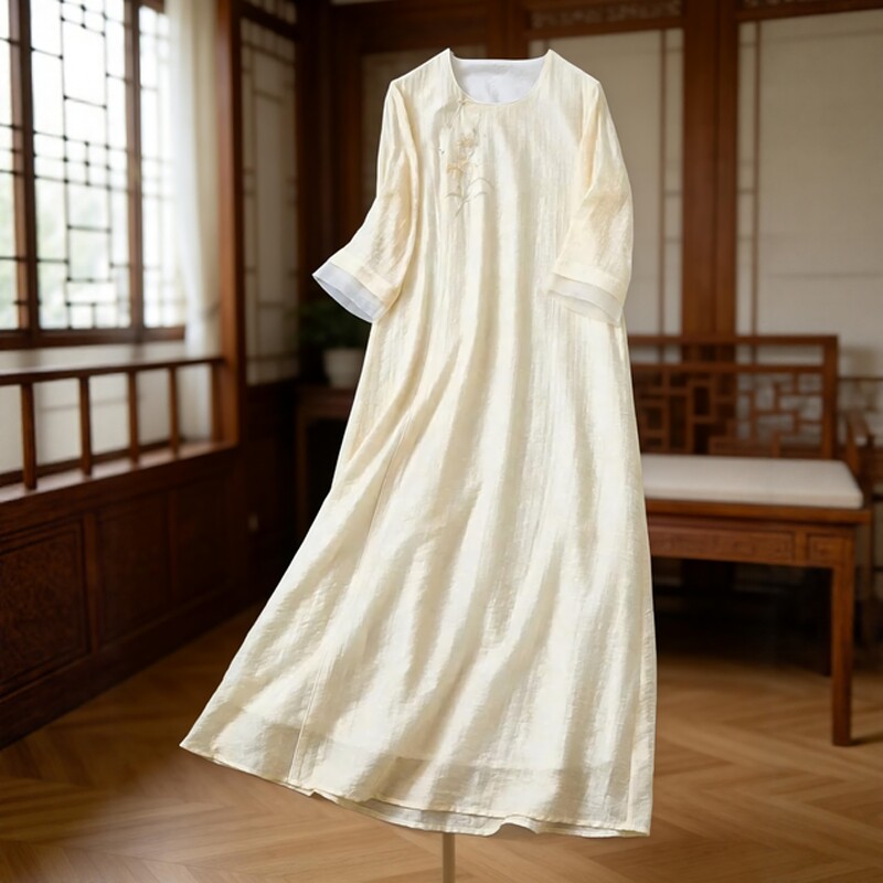 2026夏季新款茶服禅意女装连衣裙汉服改良天丝刺绣中式禅修服仙气