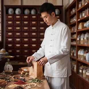 中式 套装 养生馆艾灸理疗推拿师服 棉麻唐装 定制中医馆工作服男长袖