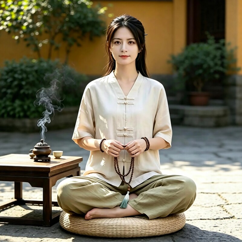 夏季新款打坐居士服女款天丝亚麻禅意佛系女装寺院素衣禅服女套装