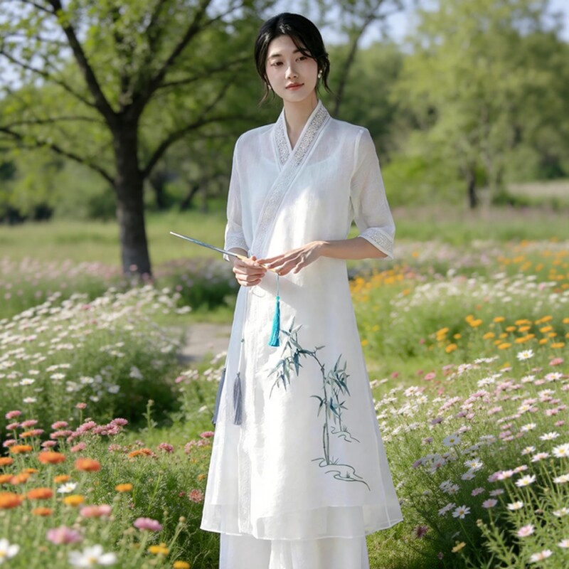 夏季禅意女装中国风改良汉服复古风交领汉元素刺绣仙气茶服连衣裙