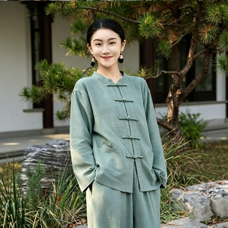 2026新款居士服女新中式棉麻立领盘扣套装国风复古禅意茶服禅修服