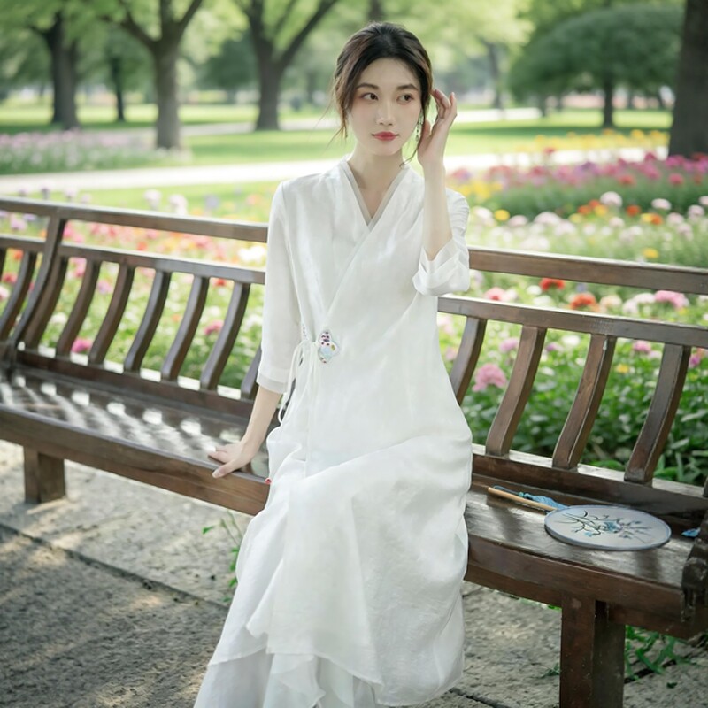 2026夏季新中式女装改良汉服白色仙气疗愈高级禅服套装茶服连衣裙