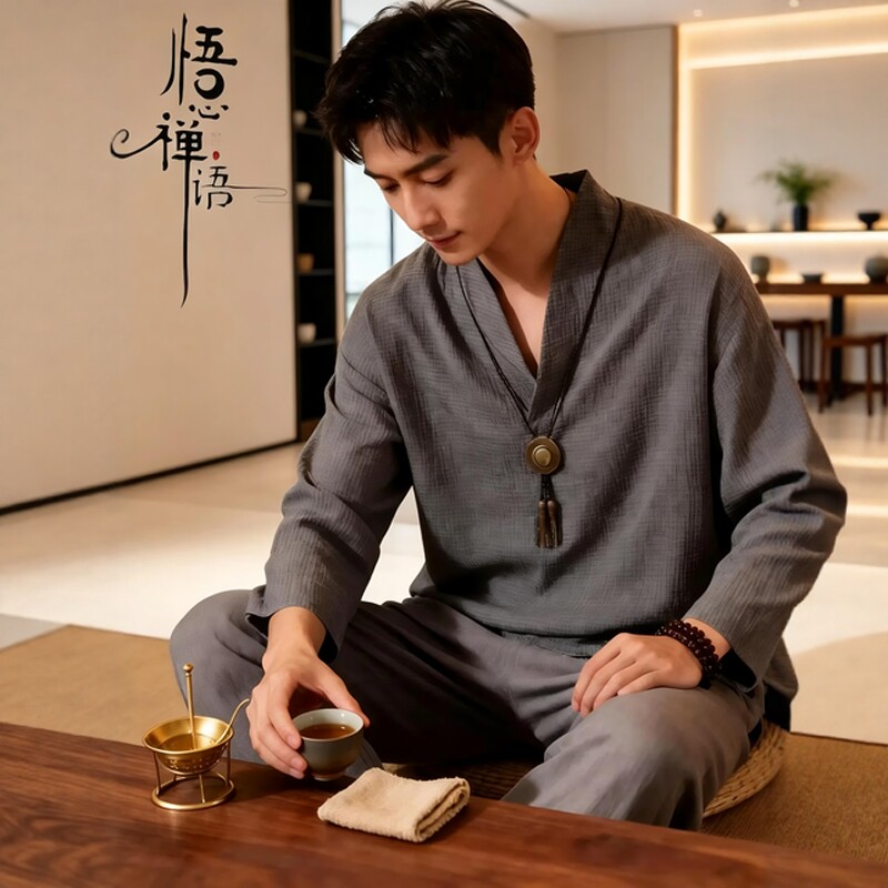 中国风t恤薄款佛系禅意茶服冰丝褶皱长袖套装道服男修行居士禅服