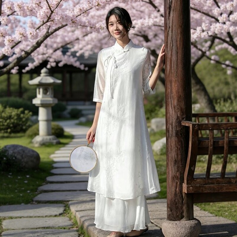 2026夏新中式日常女装复古国风改良汉服旗袍式白色禅意茶服连衣裙