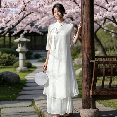 2026夏新中式日常女装复古国风改良汉服旗袍式白色禅意茶服连衣裙