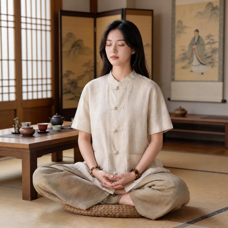 夏季禅意佛系中国风短袖开衫修行居士服打坐冥想太极练功服禅服女