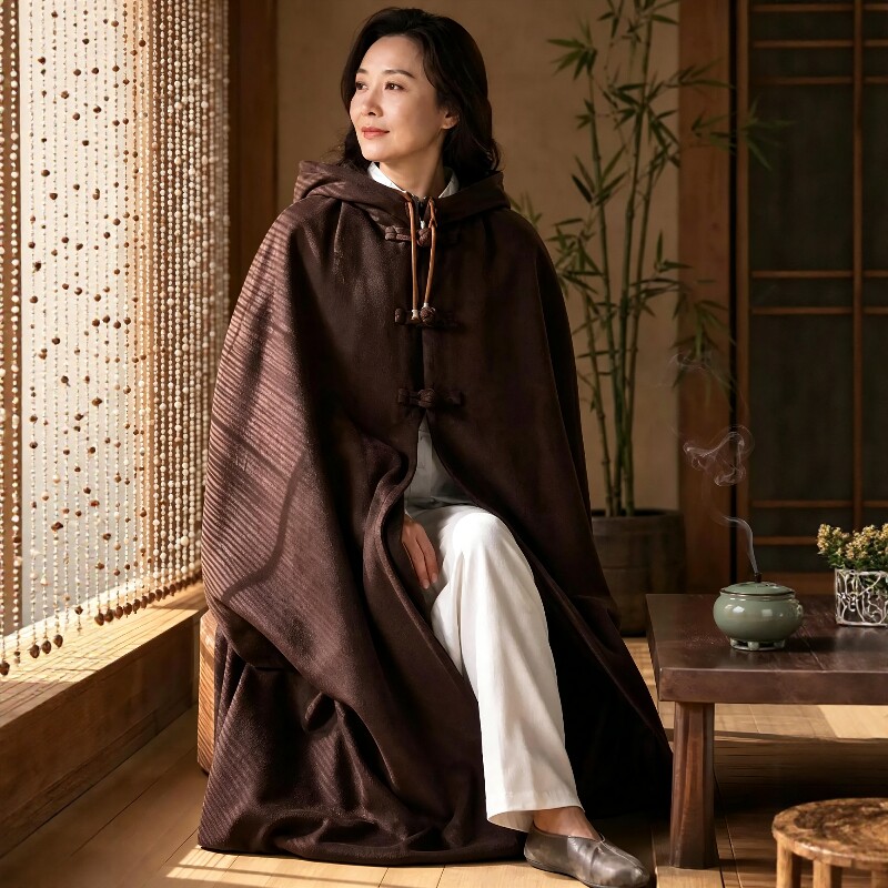 秋冬加绒加厚禅修斗篷观音连帽披风男女保暖打坐披风居士外套僧服