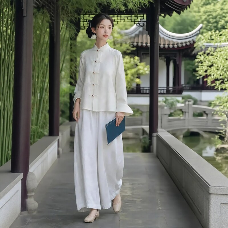 秋季新中式禅意立领盘扣上衣女提花中国风外套禅茶服白色禅服套装