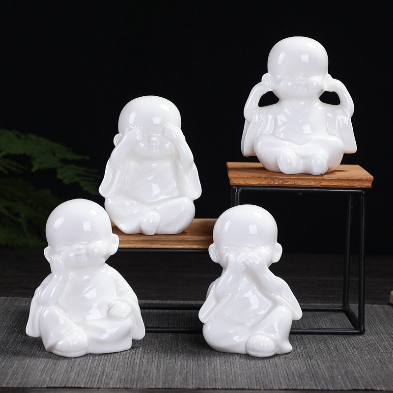新中式创意茶宠德化白瓷禅意摆件创意陶瓷工艺品四不小和尚摆件