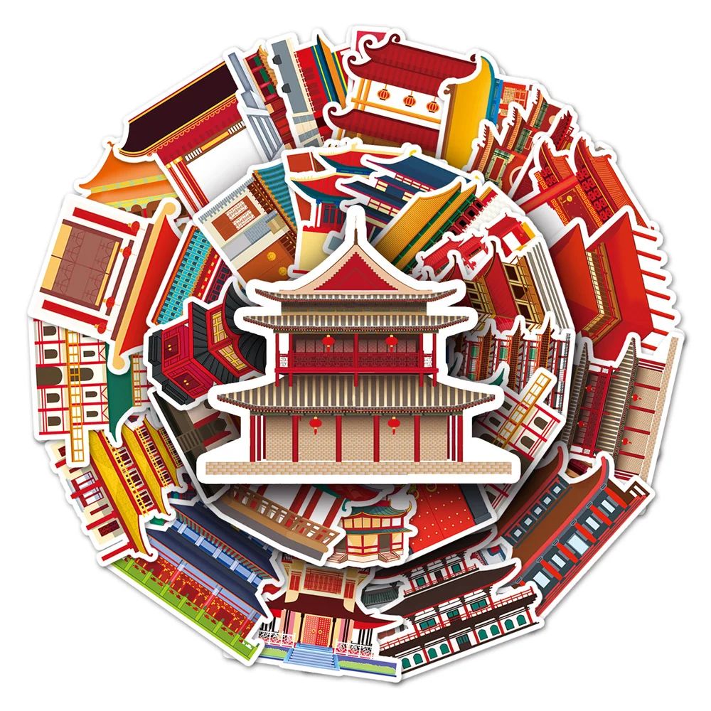 Chinese Ancient Architecture Building Stickers, Vintage, Sta 节庆用品/礼品 节日装扮用品 原图主图