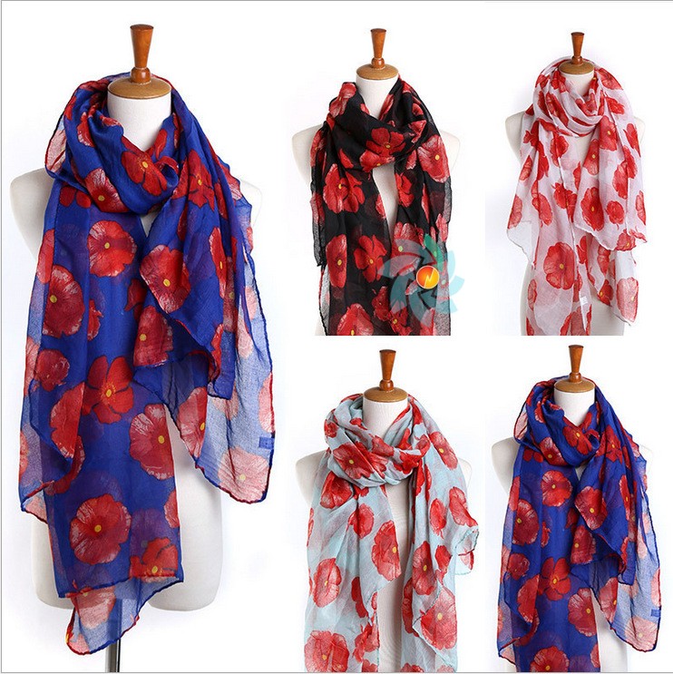 floral poppy silk scarf flower print scarf shawls罂粟花围巾