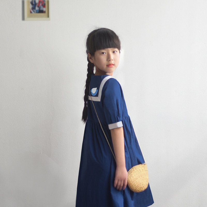 工笔花鸟原创女童连衣裙纯棉海军领撞色卡通刺绣学院风中小童裙子