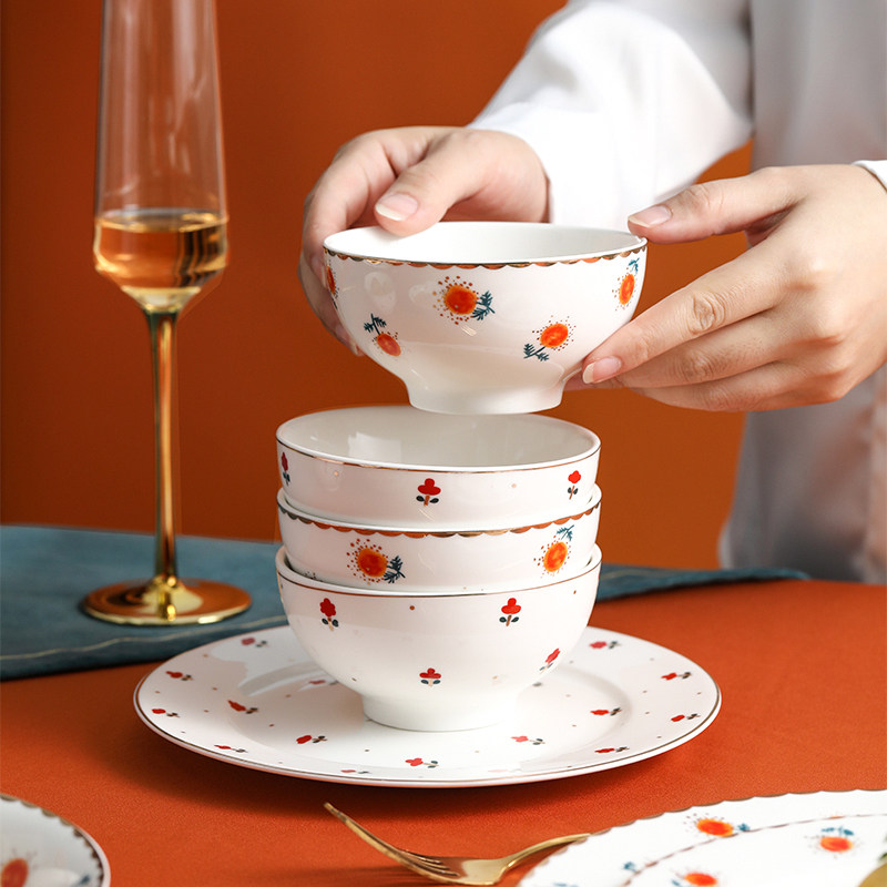 山楂花朵碗碟套装家用好看陶瓷碗餐具2022新款简约盘子ins风饭碗