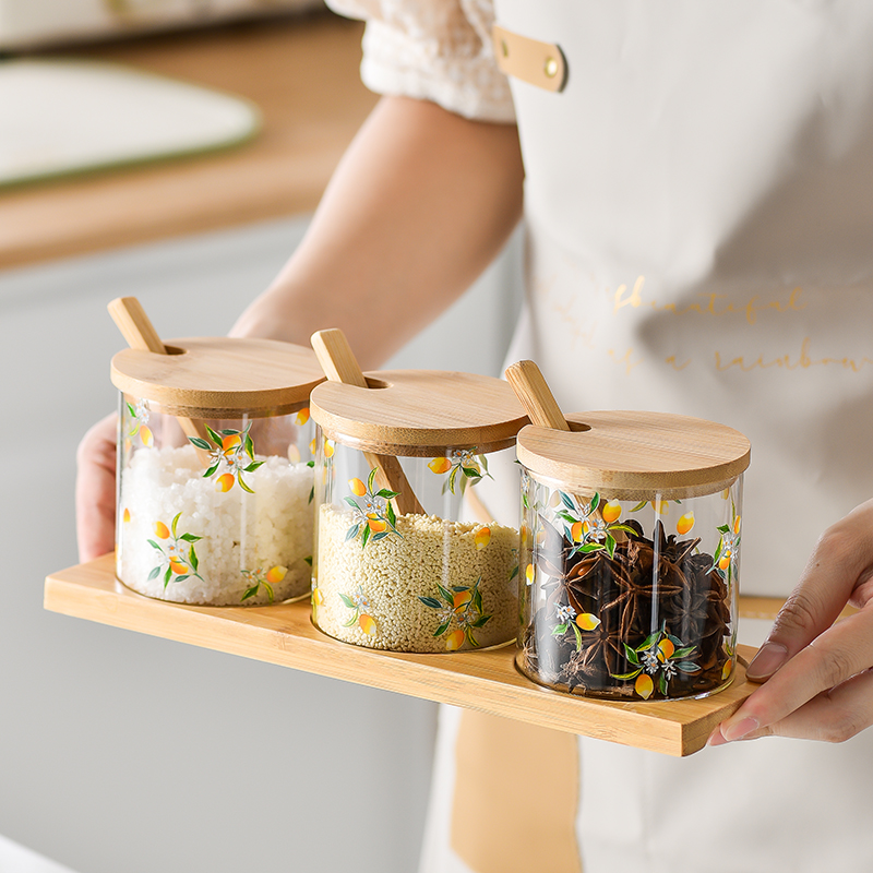 玫瑰玻璃调料罐创意小清新家用盐罐带勺盖味精调料收纳调味瓶组合