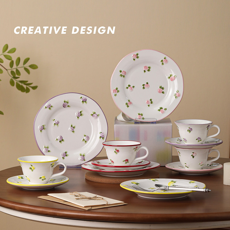 创意浮雕玫瑰花釉下彩咖啡杯碟礼盒套装送礼 陶瓷杯碟大容量亲子